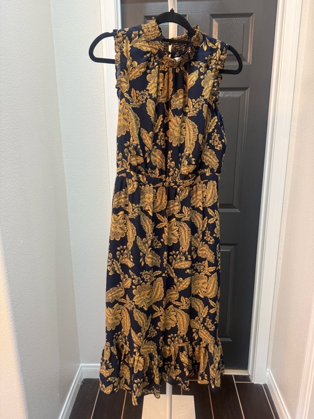 J. Crew Navy and Gold Floral Print Sleeveless Midi Dress